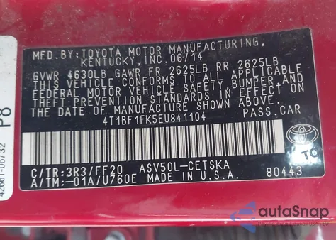 2014 Toyota Camry Se Sport from USA, damaged, VIN 4T1BF1FK5EU841104